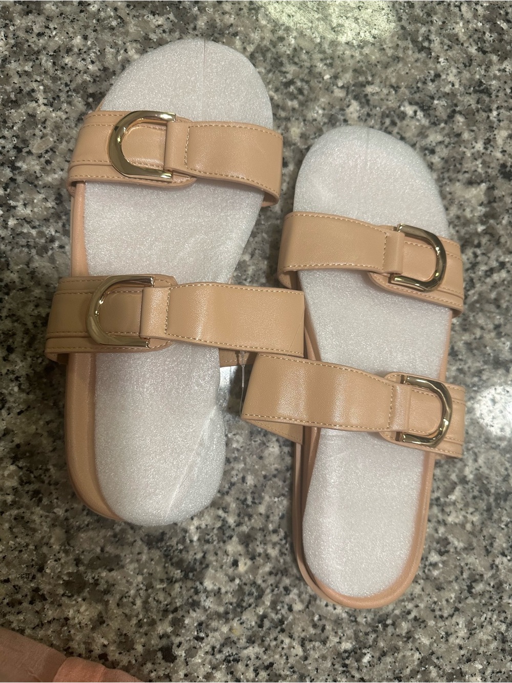 Women’s Double Buckle Slide Sandals in Nude Beige